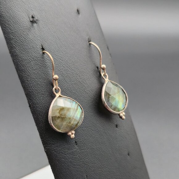 Sterling Silver Faceted Labradorite Stone Tarnished Earrings A6286 - Picture 2 of 5